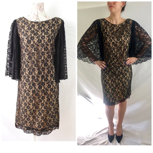 Vintage Dresses & Skirts - Vintage 60s Black Lace Dress Angel Sleeves Sz 6